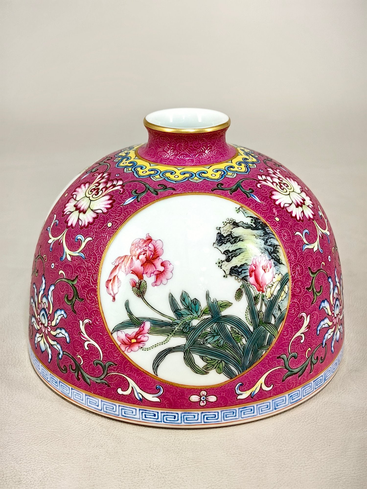 Qing Yongzheng style famille rose rouge red carved lotus flower pattern horseshoe jar (1 of 9)