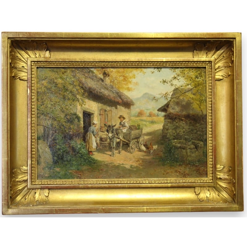 Painting "The visit" signed GRISON: Oil on canvas "The visit" representing a man and a woman in front of a cottage with a donkey pulling a cart and chickens, signed GRISON (François-Adolphe 1845-1914)Origin: SwitzerlandPeriod: 19th cen