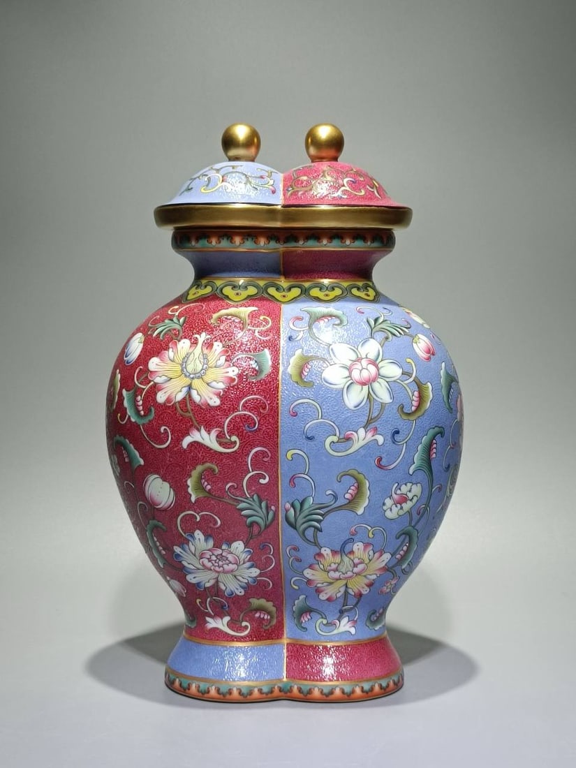 Qing Dynasty Qianlong Mark, Enamel Red and Purple Ground Lotus Twin-branched Vase (1 of 9)