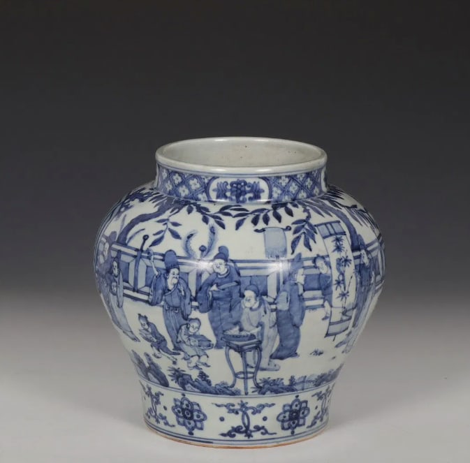 A RARE BLUE AND WHITE JAR JIAJING SIX-CHARACTER MARK IN UNDERGLAZE: height 22.5 cm diameter 13 cm belly diameter 21 cm,A blue and white jar of similar size and shape, also unusually inscribed with the Jiajing six-character mark,The jar is decorated with a continuous s