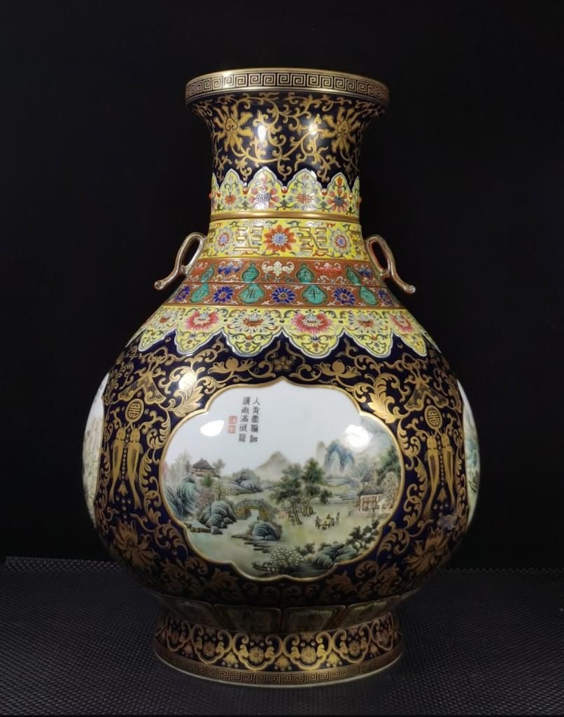 Qing Qianlong Blue Glaze Gold Enamel Landscape Pavilion Pattern Rotating Ear Vase (1 of 11)