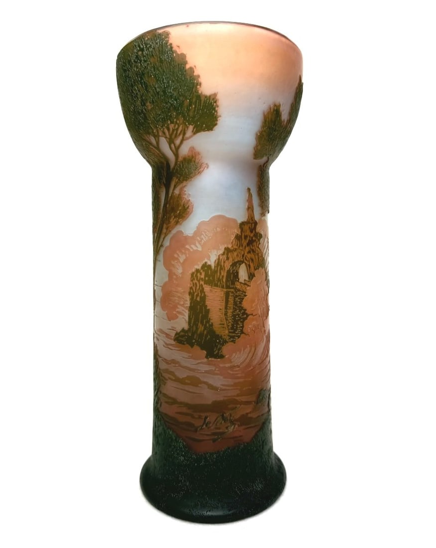 From Vez - Famous Sites - Rock of the Virgin glass vase: De Vez, multi-layer glass vase with acid-etched decoration of the Rocher de la Vierge in Biarritz. The landscape shows the waves around the rock, the footbridge built by Gustave Eiffel in 1887 and the