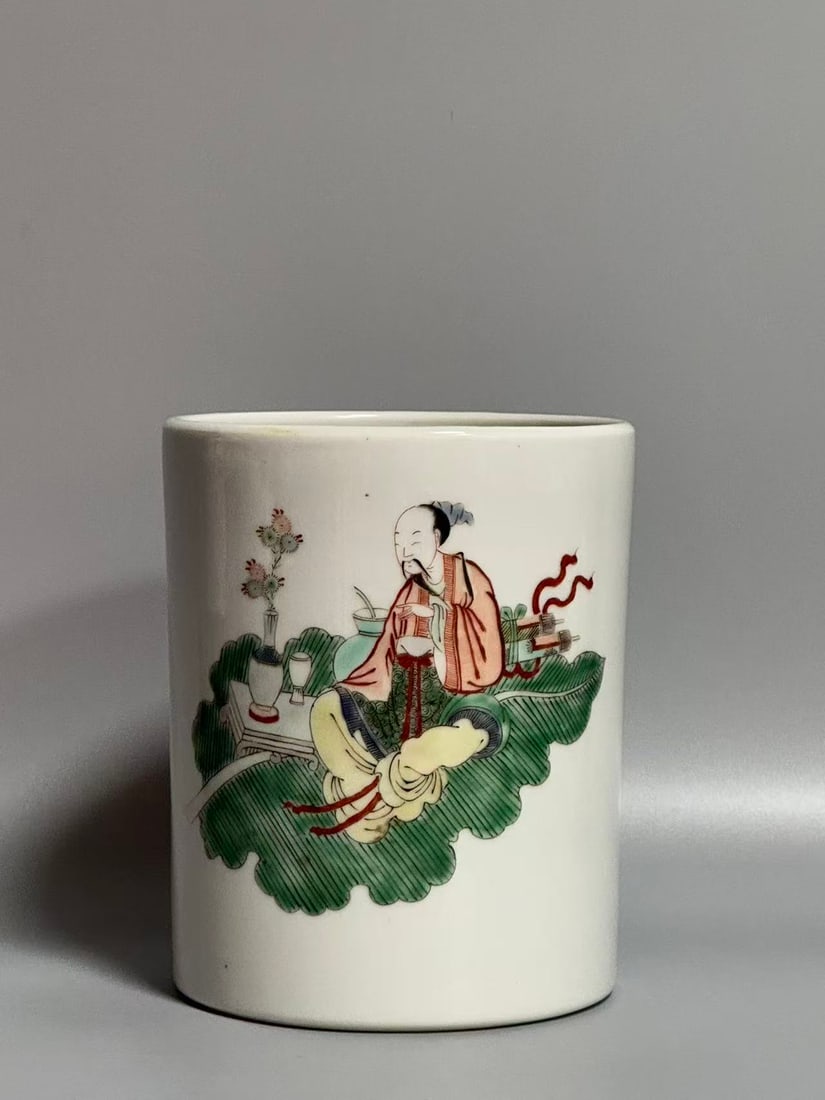 A Qing Dynasty Kangxi period polychrome brush pot depicting figures and stories (1 of 7)