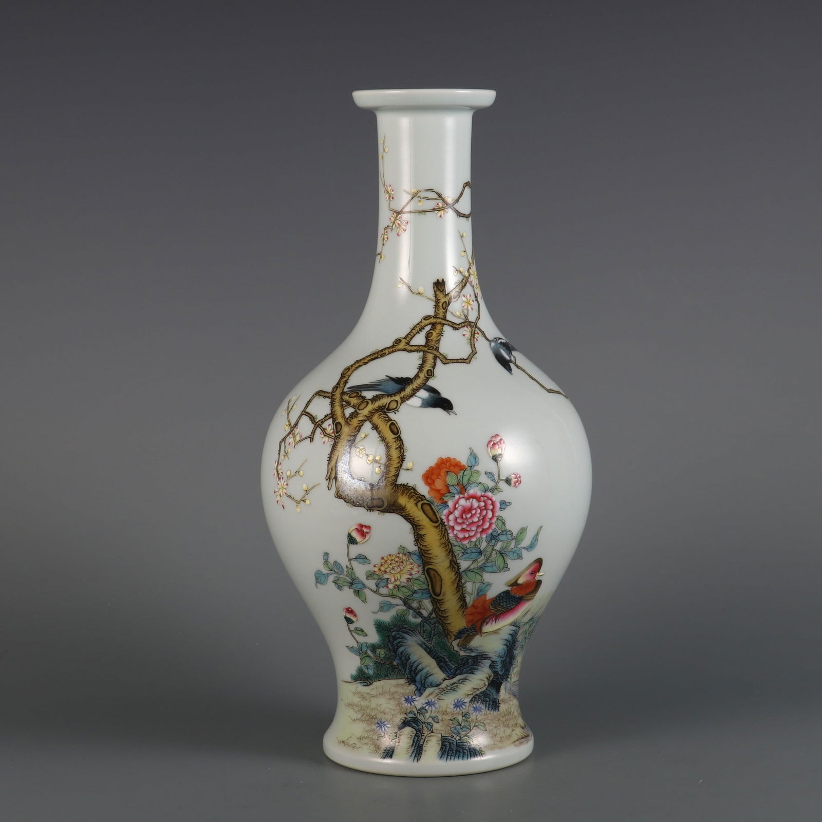 A Qing Dynasty Yongzheng period famille rose vase with floral and bird design and inscribed poem. (1 of 10)