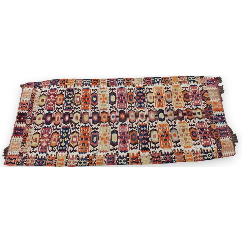Kilim rug with small multicolored hexagon design: Kilim rug with small multicolored hexagon designOrigin: TurkeyPeriod: 20th centuryMaterials: WoolDimensions: 274 x 121 cm