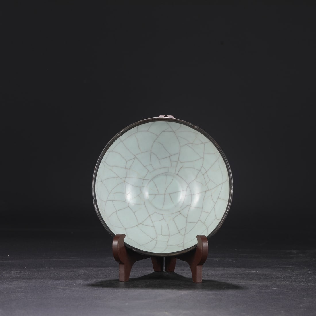 A Southern Song Dynasty official kiln celadon six-lobed palace bowl with a silver rim, formerly in (1 of 7)