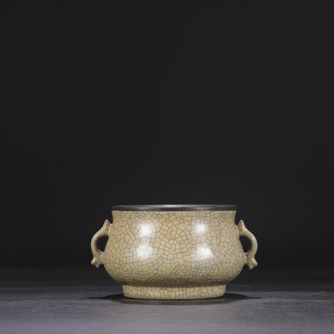 A Northern Song Dynasty Ge ware rice-yellow glazed silver-rimmed double-eared incense burner with an (1 of 7)