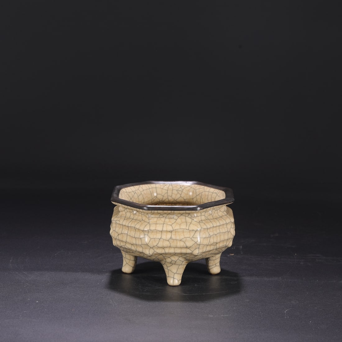 A Northern Song Dynasty Ge ware rice-yellow glazed silver-rimmed imperial octagonal incense burner (1 of 6)