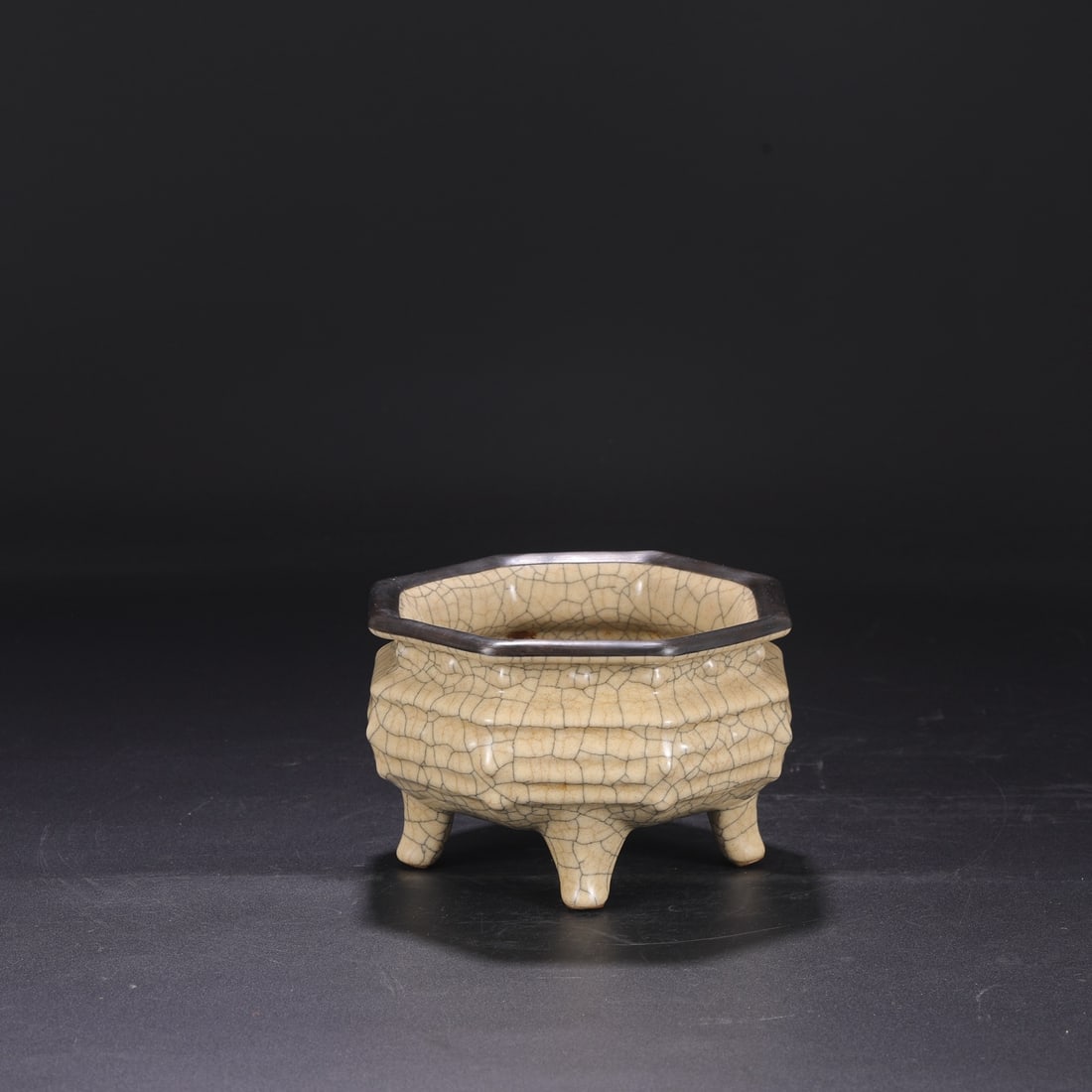 A Northern Song Dynasty Ge ware rice-yellow glazed silver-rimmed imperial octagonal incense burner (1 of 7)