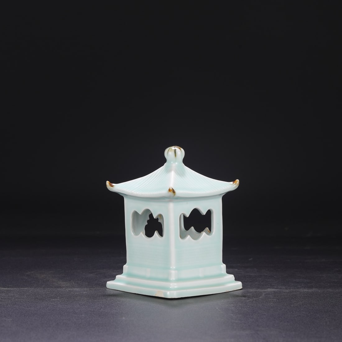 A Southern Song Dynasty Hutian kiln celadon pavilion with polychrome decoration, formerly in the: Dimensions: Height 14 cm, Diameter 9.5 cm.