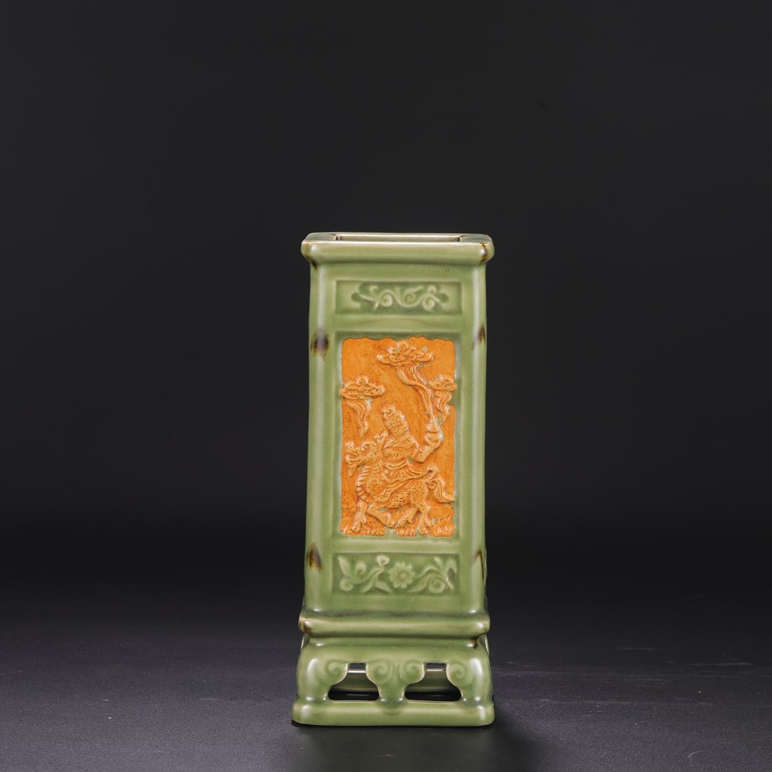 A Yuan Dynasty Longquan celadon vase with painted decoration and exposed floral design, formerly in (1 of 8)