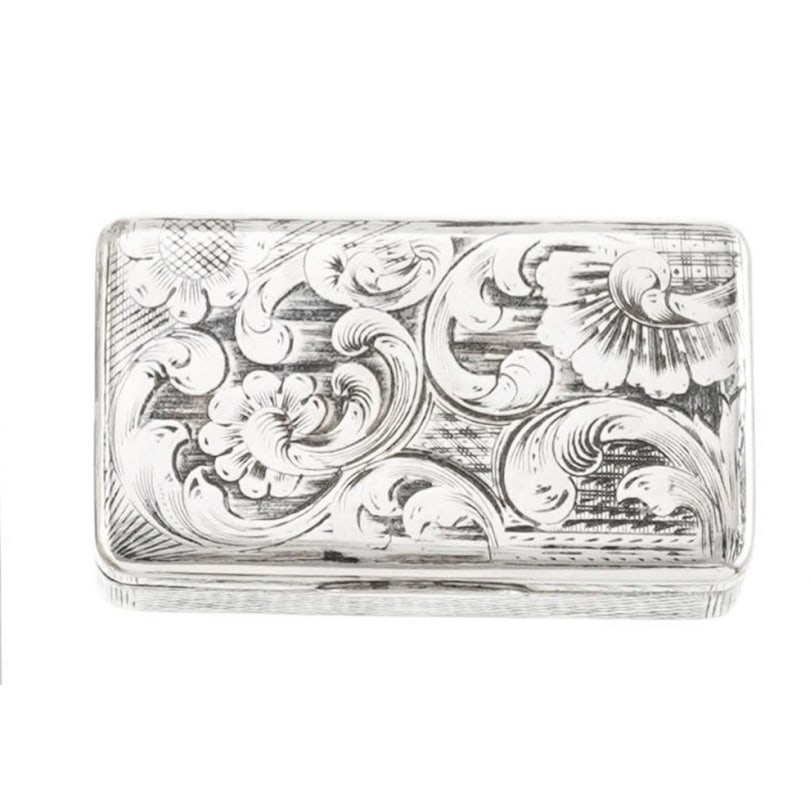 Russian 20th century Nielloed 84 silver box: Nielloed silver box,40gOrigin: RussiaPeriod: 20th centuryMaterials: SilverDimensions: Ht 1.5 x 5.5 x 3 cm