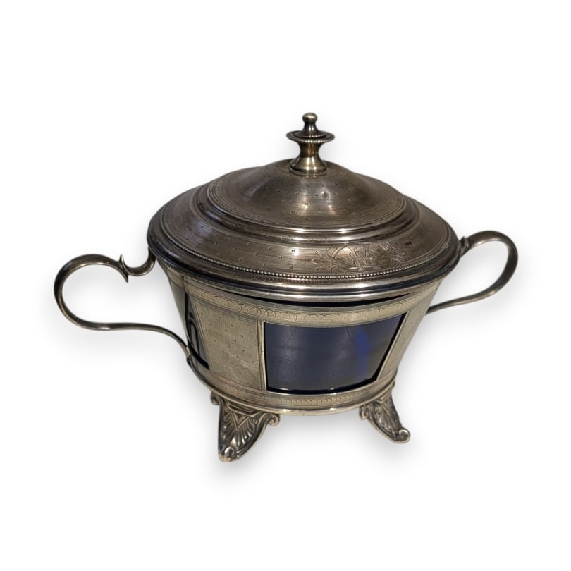 French 19th century Silver sugar bowl and cobalt blue glass: Silver sugar bowl with handles by MASSAT Frères and cobalt blue glass, monogrammed EMOrigin: FrancePeriod: 19th centuryMaterials: SilverDimensions: Ht 14 x 24 x 14 cm