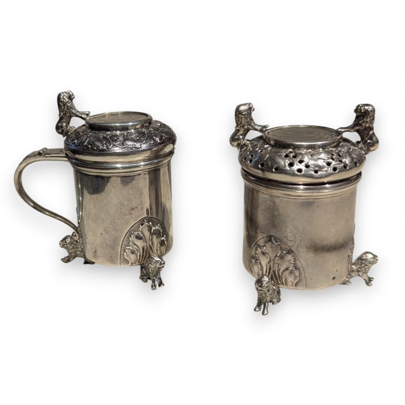 Norway 19th century Silver salt and mustard pot 830: Silver salt cellar and mustard pot (830) by Marius Hammer (1847-1927)Origin: NorwayPeriod: 19th centuryMaterials: SilverDimensions: Ht 8 x 8 x 6 cm