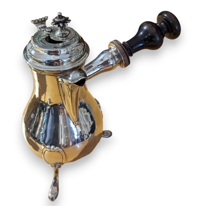 French 18th century Silver chocolate pot: Silver chocolate pot820gOrigin: FrancePeriod: 18th centuryMaterials: SilverDimensions: Ht 24 x 25 x 14.5 cm