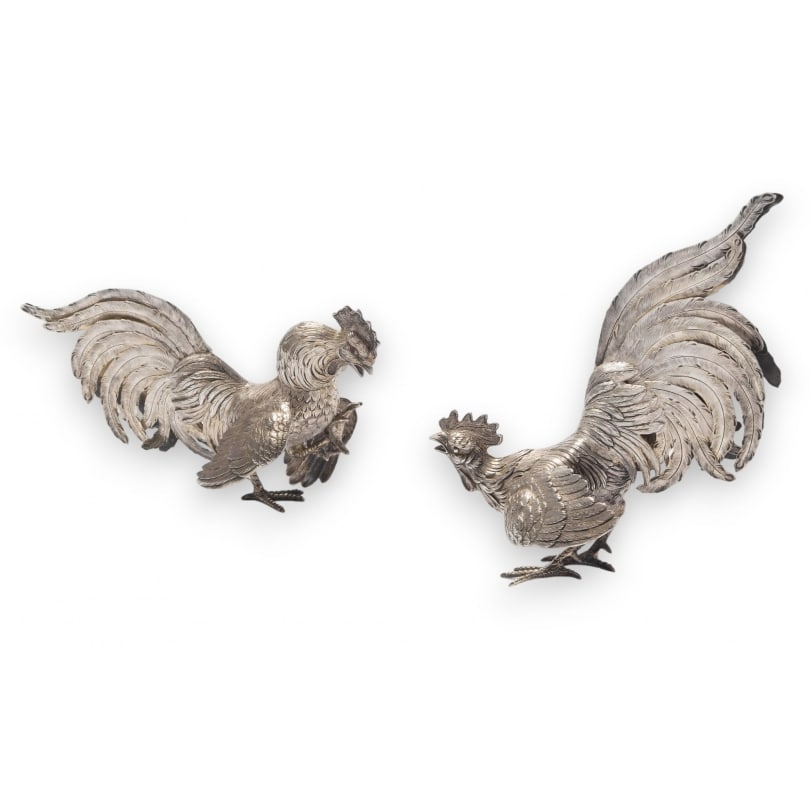 Spanish Pair of 915 silver fighting roosters: Pair of 915 silver fighting roosters534 gOrigin: SpainPeriod: 20th centuryMaterials: SilverDimensions: Ht 19.5 x W 18 x D 10 cm