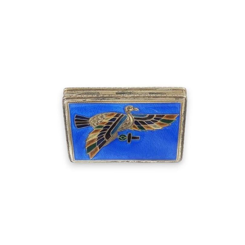 Egypt Early 20th century Rectangular silver box with ibis enamel decoration: Rectangular silver box (800) with polychrome enamel decoration, IbisOrigin: EgyptPeriod: Early 20th centuryMaterials: SilverDimensions: Ht 1.5 x 7.5 x 5 cm