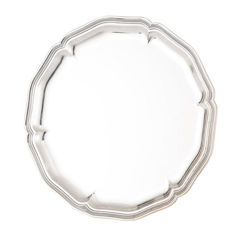 Swiss Jezler Regency pattern round platter in 800 silver: Round Regency pattern silver platter, 800 Jezler,932g.Engraved on the back: "To Mr. Claude Humberset with the profound gratitude of the Council and the Delegation of the BVZ, June 27, 1988"Origin: Swi