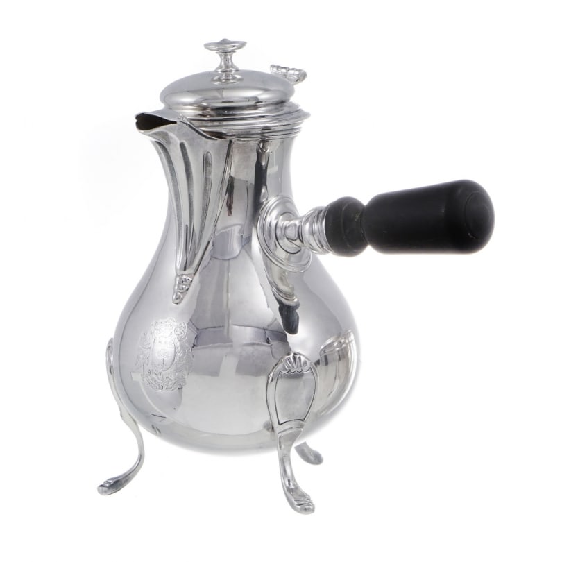 French 19th century Pear-shaped tripod coffee pot engraved with a coat of arms: Pear-shaped tripod coffee pot engraved with a coat of arms, tree and three flowers in silver by Boulenger, Paris,309gOrigin: FrancePeriod: 19th centuryMaterials: SilverDimensions: Ht 16 x 15 x 9 cm