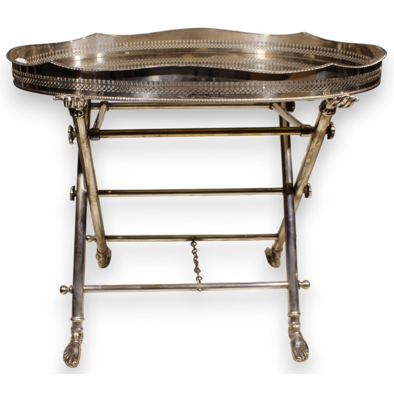 French Silver-plated metal butler tray: Silver-plated metal butler tray with oval tray and a base with feet and hands (Unique piece)Origin: FrancePeriod: 20th centuryMaterials: Silver-plated metalDimensions: Ht 48 x 63 x 43 cm