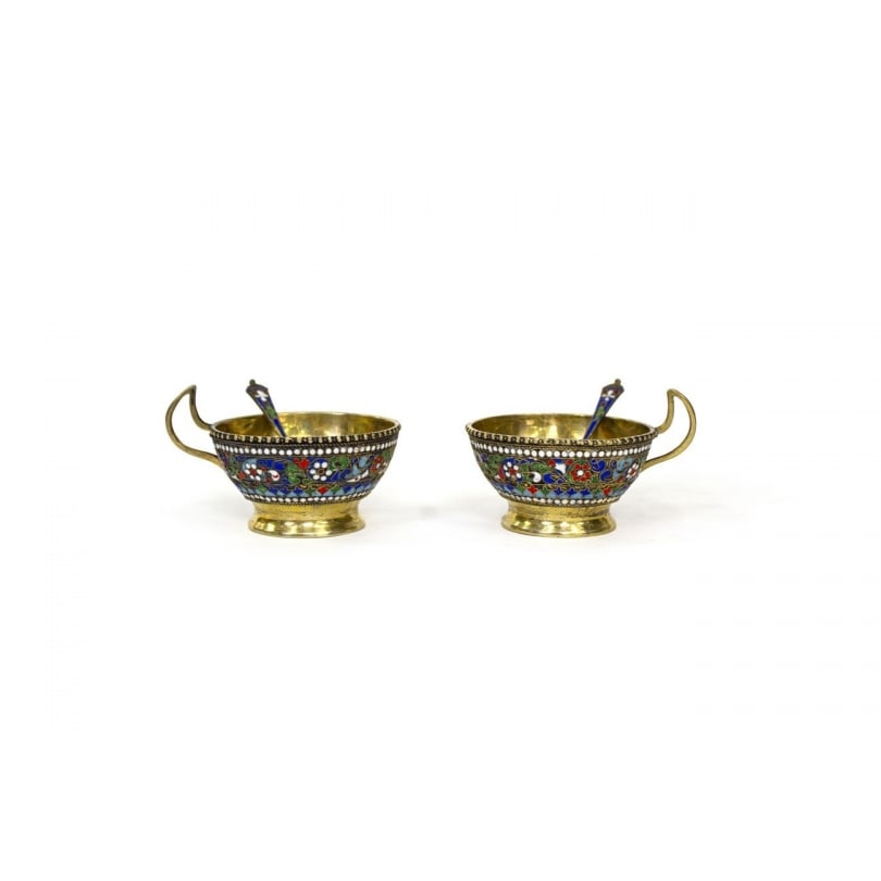 Turkish 19th century Pair of cup holders decorated with enamel flowers: Pair of vermeil cup holders decorated with cloisonné enamel flowers,270gOrigin: TurkeyPeriod: 19th centuryMaterials: Silver-EnamelDimensions: Ht 6.5 x 11 x 9 cm