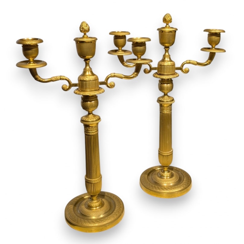 French 19th century Pair of Empire gilt bronze candlesticks: Pair of Empire gilt bronze three-light candelabraOrigin: FrancePeriod: 19th centuryMaterials: Gilded bronzeDimensions: Ht 44 x 28 x 14 cm