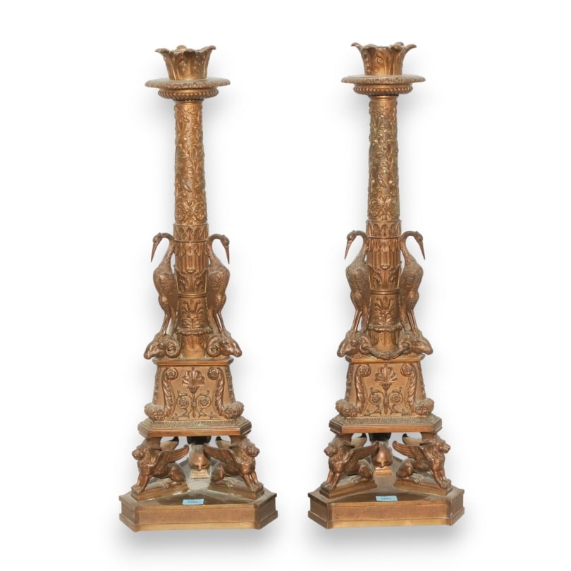 19th century Pair of bronze candlesticks signed B. BOSCHETTI: Pair of Restoration period bronze candlesticks signed B. BOSCHETTI ROMA (Benedetto 1820-1860). Circular stems decorated with various animal and floral motifs, flanked by cranes on rams' heads and rest