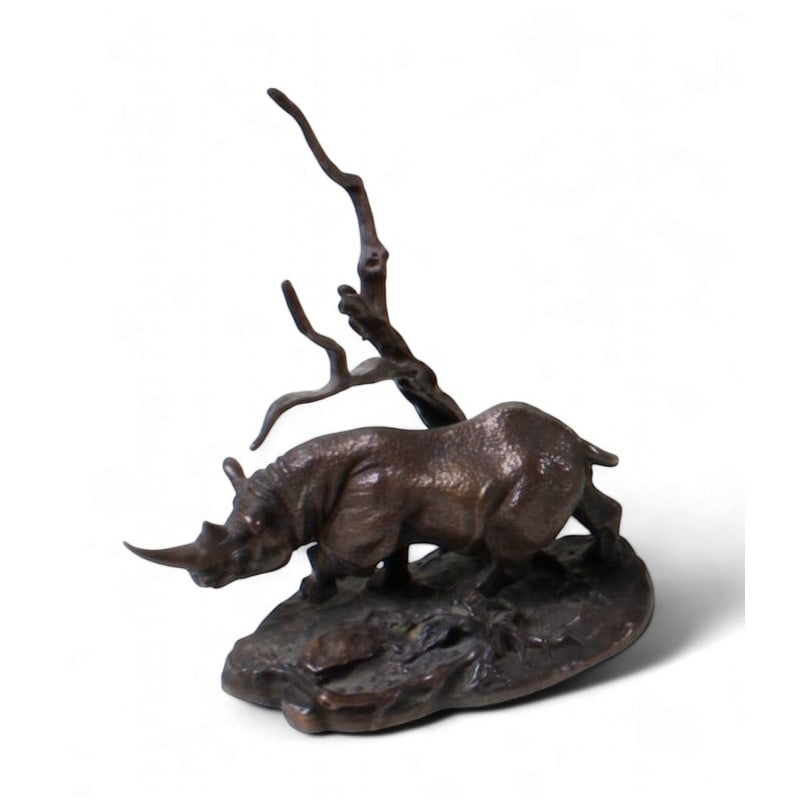 Bronze "Black Rhinoceros" by POLLAND: Bronze "Black Rhinoceros" by Donald Polland (1932-2003), Franklin Mint editionOrigin: United StatesPeriod: 20th centuryMaterials: BronzeDimensions: Ht 16 x 14 x 7 cm