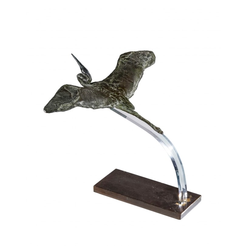 French Bronze Heron in Flight by Claude DE MUZAC: Bronze Heron in Flight by Claude DE MUZAC (1936), plexiglass support and bronze base.Numbered 3/6.Provenance: Claude de Muzac workshop, June 25, 1976Origin: FrancePeriod: 20th centuryMaterials: Bronze
