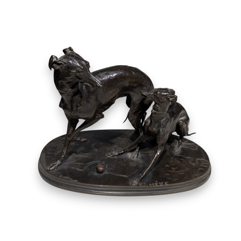 Bronze Two greyhounds playing, signed PJ MÊNE: Bronze "Group of two greyhounds playing boules" signed PJ MÊNE (Pierre-Jules 1810-1879)Origin: FrancePeriod: 19th centuryMaterials: BronzeDimensions: Ht 15 x 22 x 12 cm
