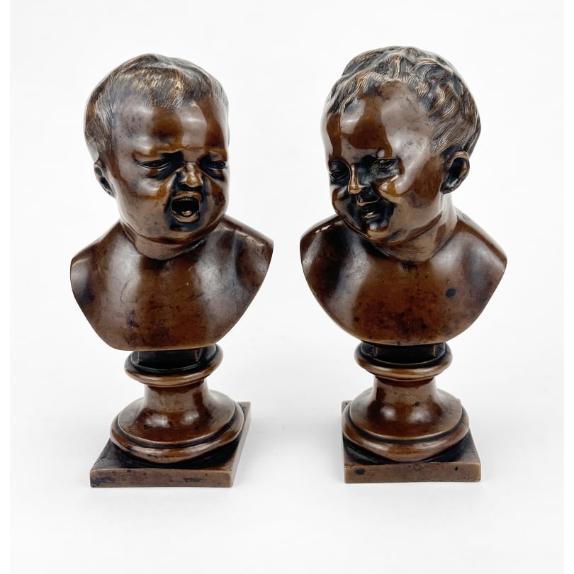 Pair of bronze busts after HOUDON: Pair of bronze busts "Jean who cries and Jean who laughs" after HOUDON (Jean Antoine 1741-1828)Origin: FrancePeriod: 19th centuryMaterials: BronzeDimensions: Ht 17.5 x 9.5 x 9 cm