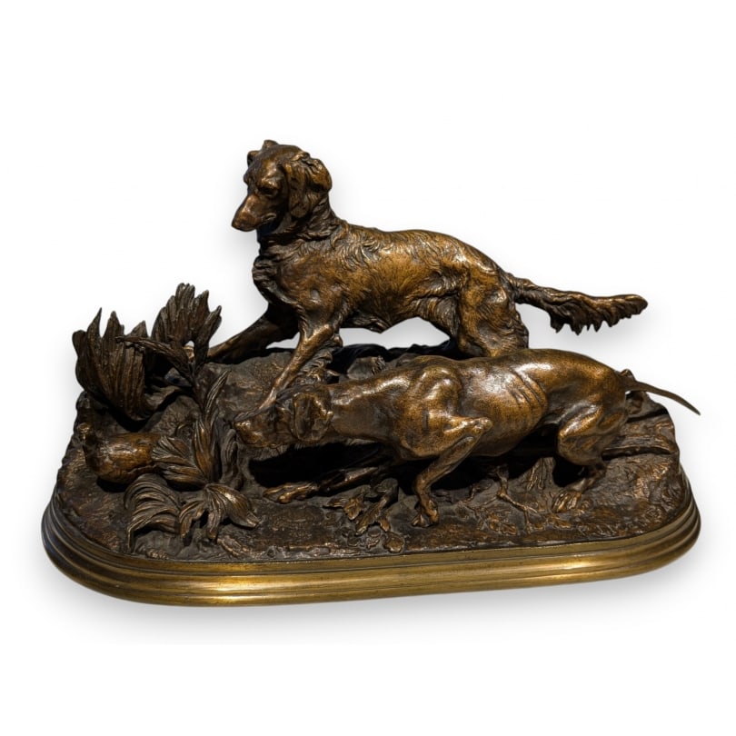 19th century Bronze "Partridge Hunt" signed PJ MENE: Bronze hunting dog "Spaniel and Pointer with partridge" signed PJ MENE (Jules 1835-1894)Origin: FrancePeriod: 19th centuryMaterials: BronzeDimensions: Ht 22 x 44 x 20 cm