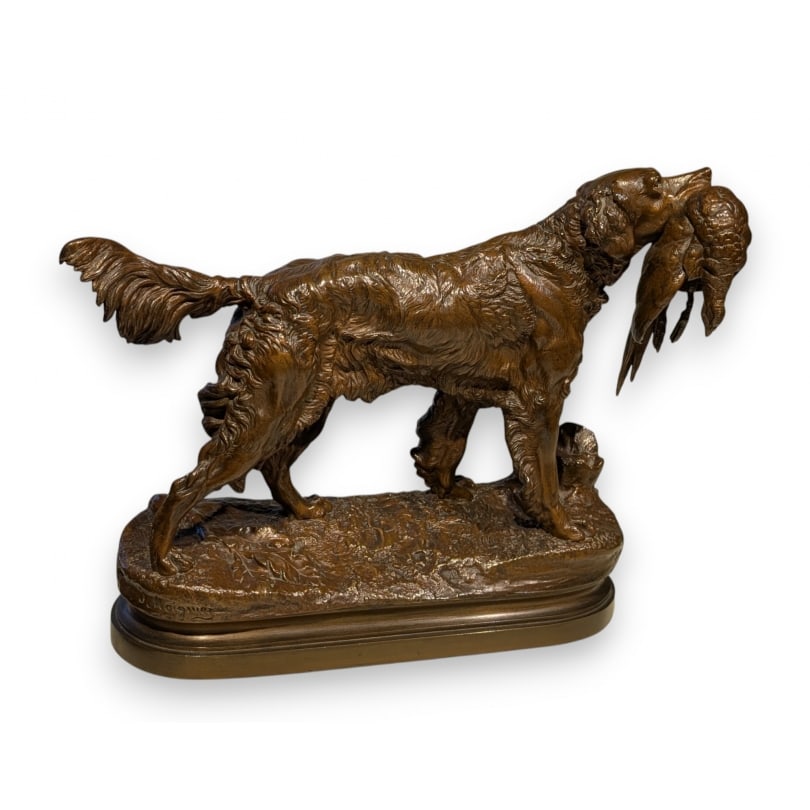 19th century Bronze "Spaniel with Pheasant" signed J. MOIGNIEZ: Bronze hunting dog "Pheasant Spaniel" signed J. MOIGNIEZ (Jules 1835-1894)Origin: FrancePeriod: 19th centuryMaterials: BronzeDimensions: Ht 32 x 42 x 11 cm