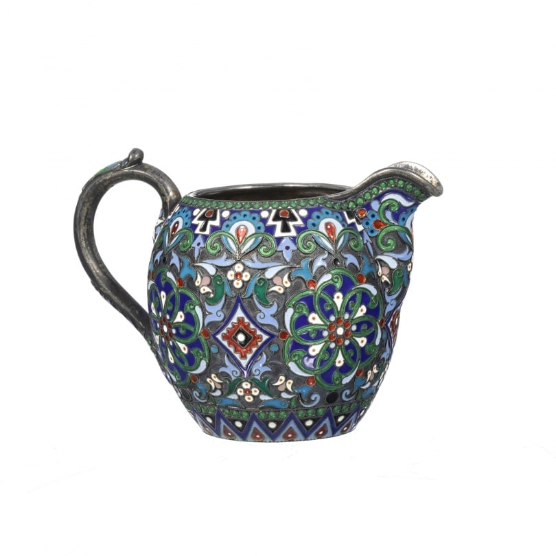 19th century Russian 88 Silver and cloisonné enamel milk jug: Silver and cloisonné enamel milk jug, hallmarked by Pavel Ovchinnikov, Moscow 1892, decorated with stylized rosettes and flowers, green beaded rim, 88 zolotniks, French import hallmark, imperial priv
