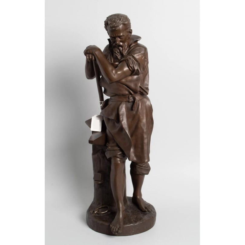 19th century Bronze sculpture "The Work" signed Carlo Nicoli: Bronze sculpture "The Work" depicting a blacksmith next to his anvil, signed Carlo NICOLI (Y MANFREDI 1843-1915)Origin: FrancePeriod: 19th centuryMaterials: BronzeDimensions: Ht 65 x 22 x 25 cm