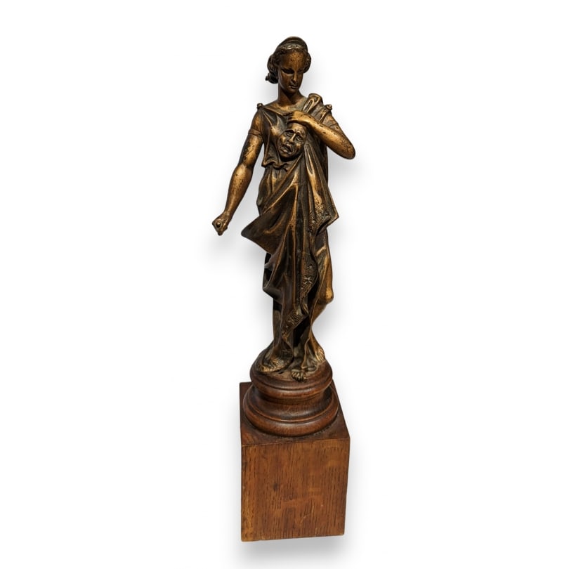 French Bronze "Woman with a Mask": Bronze "Woman with a Mask", wooden baseOrigin: FrancePeriod: 20th centuryMaterials: BronzeDimensions: Ht 45 x 10 x 10 cm