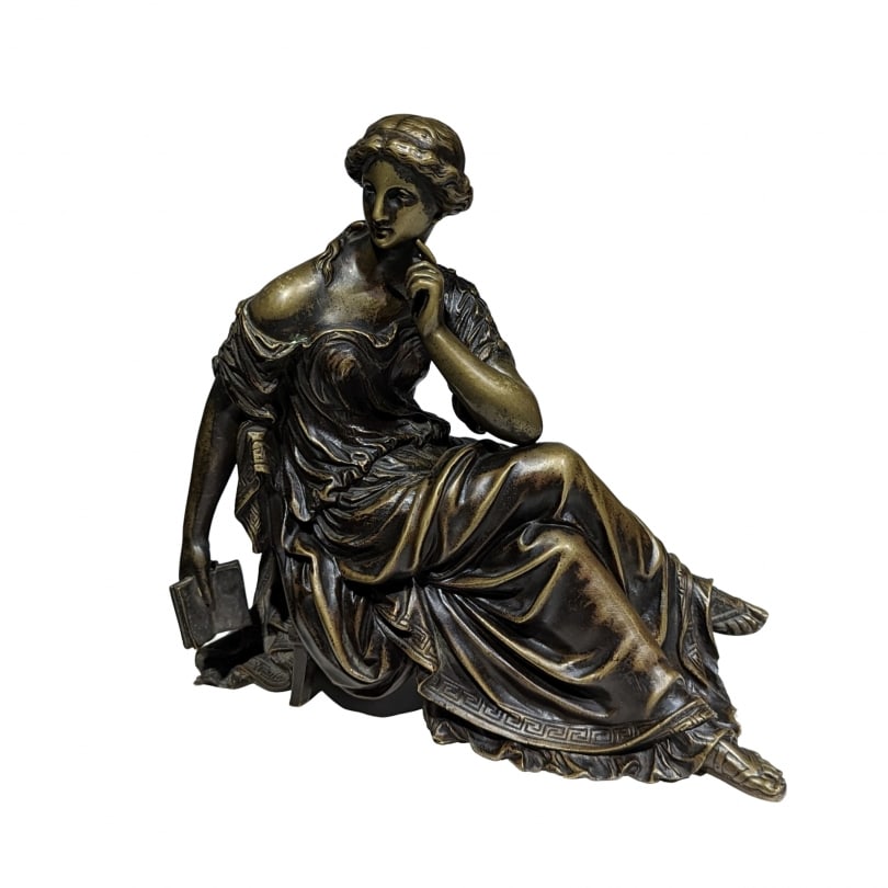 Bronze sculpture "Reading" after REVILLON: Bronze sculpture "Reading or Calliope (Greek Muse of Poetry)" after REVILLON (Ernest 1854-1937)Origin: FrancePeriod: 20th centuryMaterials: BronzeDimensions: Ht 25 x 26 x 15 cm