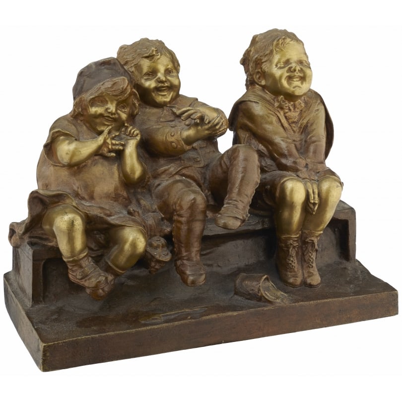 Bronze sculpture "Three Toddlers" signed JUAN CLARA: Bronze "Three laughing toddlers sitting on a bench" signed JUAN CLARA (AYATS 1875-1958)105 AL1405Origin: SpainPeriod: Early 20th centuryMaterials: BronzeDimensions: Ht 22 x 30 x 14 cm