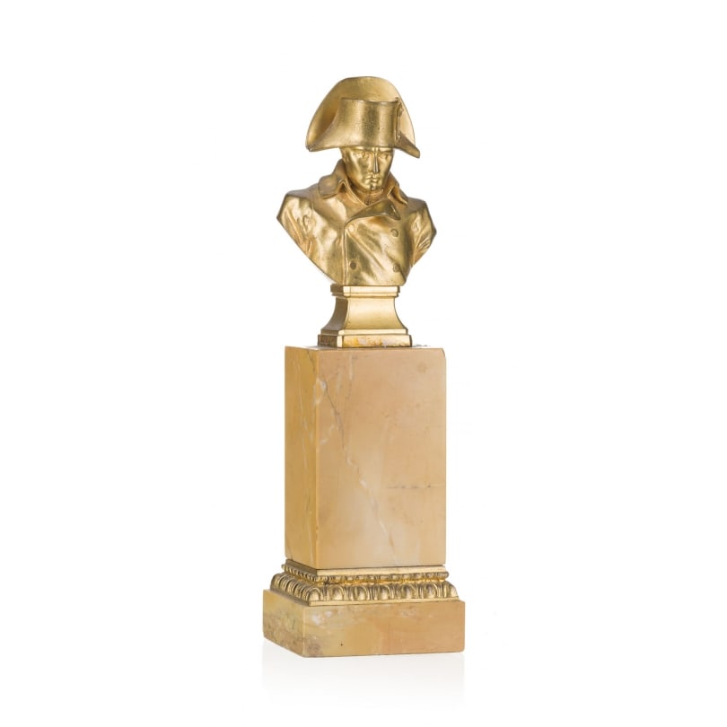 19th century Gilt bronze bust of Napoleon on a pedestal: Gilt bronze bust of Napoleon on a Siena yellow marble pedestalOrigin: FrancePeriod: 19th centuryMaterials: Gilded bronzeDimensions: Ht 21 x 6 x 5 cm