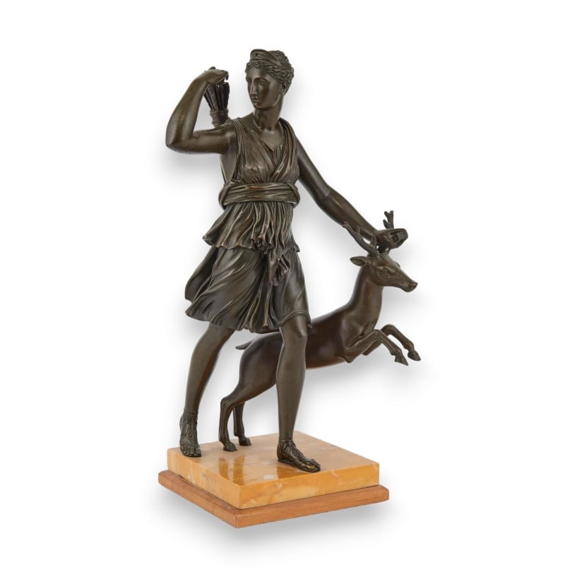 19th century Bronze "Diana the Huntress": Bronze "Diana the Huntress" after the Antique, on a Siena yellow marble baseOrigin: FrancePeriod: 19th centuryMaterials: BronzeDimensions: Ht 39 x 24 x 17 cm
