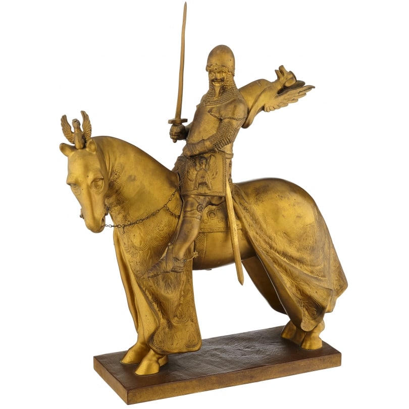 19th century Gilt bronze "Knight of Verona" signed H. MÜLLER: Gilt bronze "Cangrande della Scala" signed H. MÜLLER (Hans 1873-1937), Viennese foundry markOrigin: AustriaPeriod: 19th centuryMaterials: BronzeDimensions: Ht 46 x 40 x 12 cm