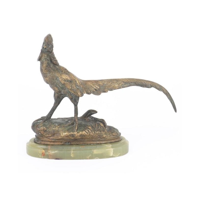 19th century Bronze gilded pheasant signed JP MENE: Bronze gilt pheasant signed JP MENE (Pierre-Jules 1810-1879), onyx baseOrigin: FrancePeriod: 19th centuryMaterials: BronzeDimensions: Ht 14.5 x 20 x 6 cm