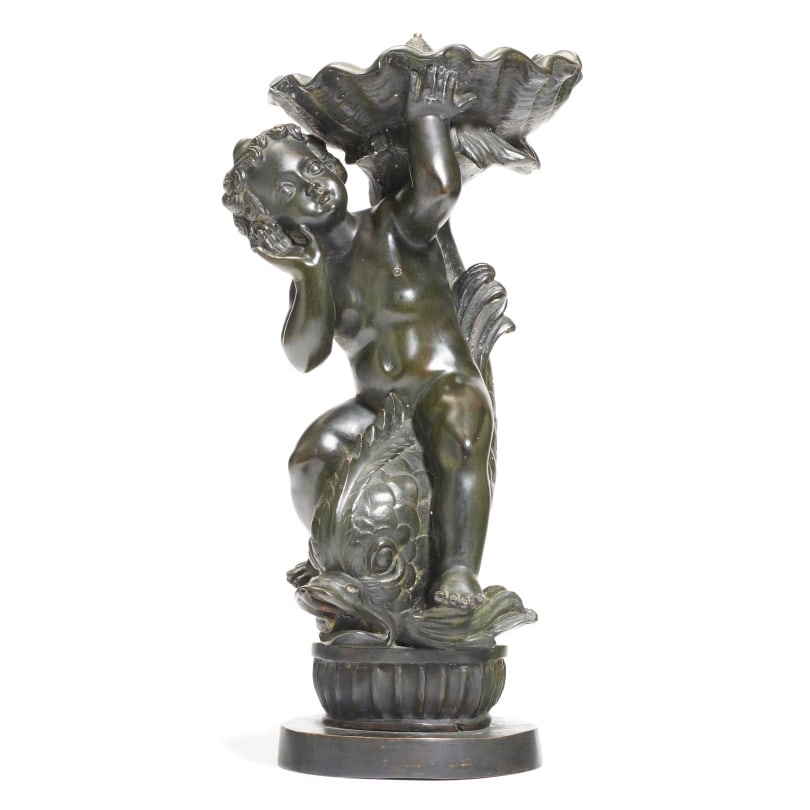 19th century Bronze fountain "Putto on a dolphin": Bronze fountain "Puto riding a fish and supporting a shell", Renaissance styleOrigin: ItalyPeriod: 19th centuryMaterials: BronzeDimensions: Ht 35 x 20 x 20 cm