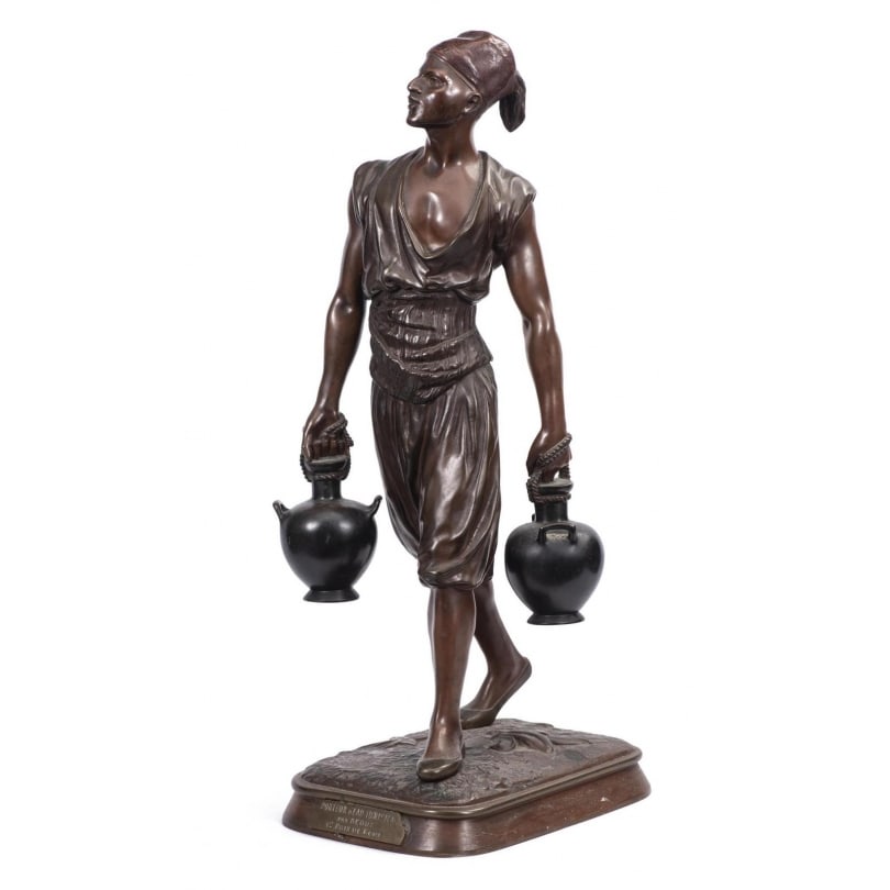 19th century Bronze sculpture "Tunisian Water Carrier" signed DEBUT: "Tunisian Water Carrier", bronze sculpture with double patina, signed on the base DEBUT (Jean Didier 1824-1893), round guarantee stamp for Paris, metal plaque inscribed "Tunisian Water Carrier by Debu