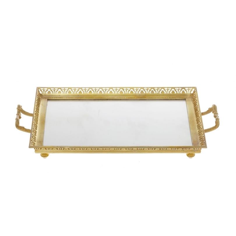 French Baccarat Rectangular serving tray with bronze handles: Rectangular serving tray in mirror and gilt bronze, signed Baccarat, with an openwork gallery featuring a foliage motif and handlesOrigin: FrancePeriod: 20th centuryMaterials: Gilded bronzeDimensions:
