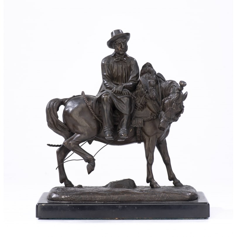 Bronze sculpture "The Farmer" signed TH GECHTER: Bronze sculpture "Farmer Resting on a Horse," brown patina, signed on the platform TH GECHTER (Jean-François Théodore 1796-1844), black marble baseOrigin: FrancePeriod: 19th centuryMaterials: Bronze
