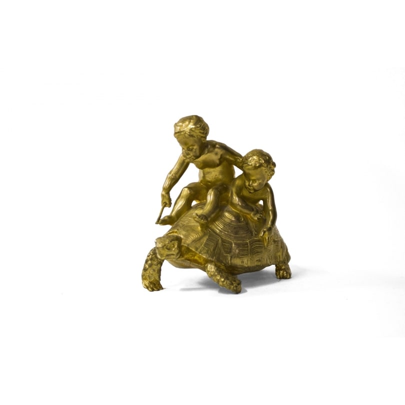 Bronze Children playing on a turtle, signed BARRIAS: Gilt bronze "Two children playing on a tortoise" signed BARRIAS (Louis Ernest 1841-1905)F. BARBEDIENNE FOUNDRYOrigin: FrancePeriod: 19th centuryMaterials: Gilded bronzeDimensions: Ht 13 x 16 x 11 cm