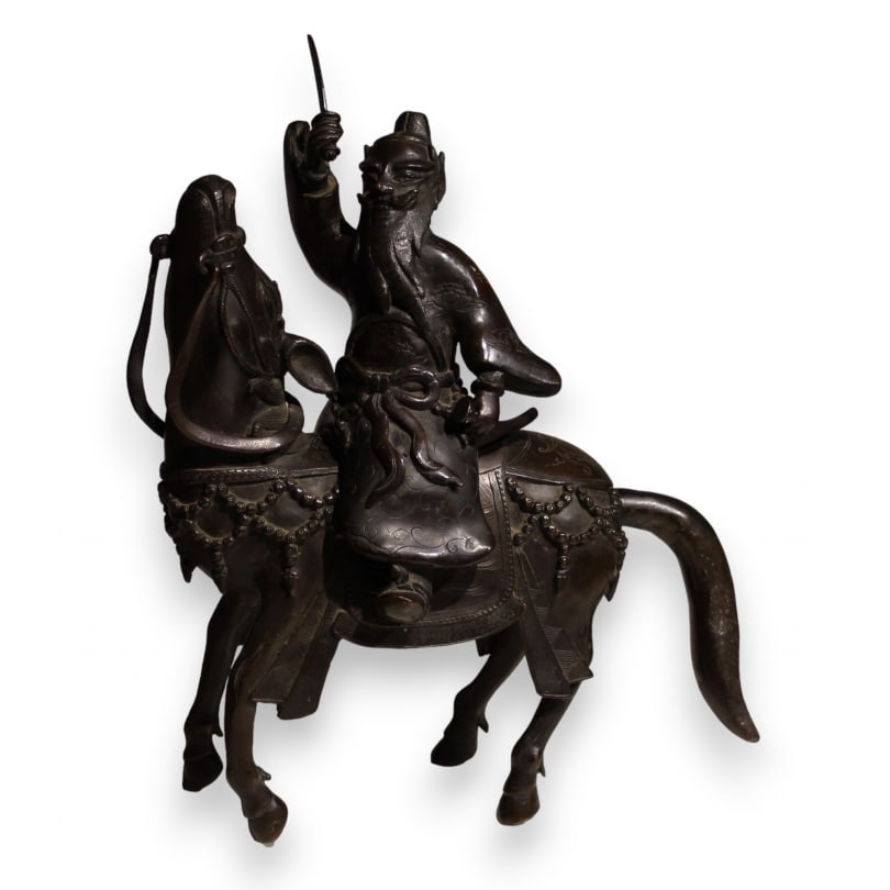 Chinese 19th century Bronze "Toba on his mule".: Bronze "Toba on his mule, his sword raised in his hand", removable TobaOrigin: ChinaPeriod: 19th centuryMaterials: BronzeDimensions: Ht 40 x 26 x 19 cm