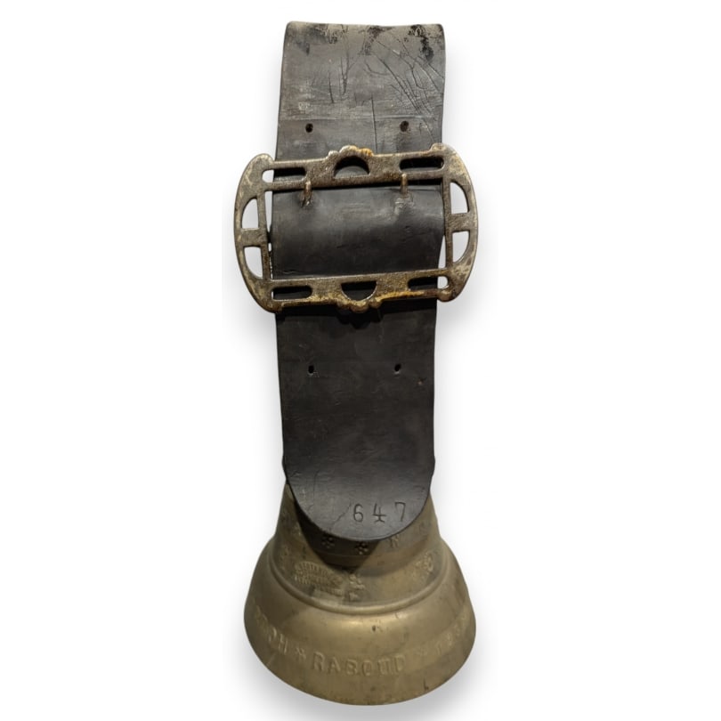 Swiss Albertano & Co. Bell: Bronze bell decorated with flowers and a Waldensian coat of arms by ALBERTANO & Cie Founders La Sarraz"Joseph Raboud 1938"Origin: SwitzerlandPeriod: 20th centuryMaterials: BronzeDimensions: Height 57