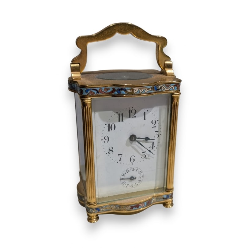 French Early 20th century cloisonné carriage clock: Brass carriage clock with cloisonné enamel frieze decorationOrigin: FrancePeriod: Early 20th centuryMaterials: Gold-plated brassDimensions: Ht 12 x 9 x 7 cm